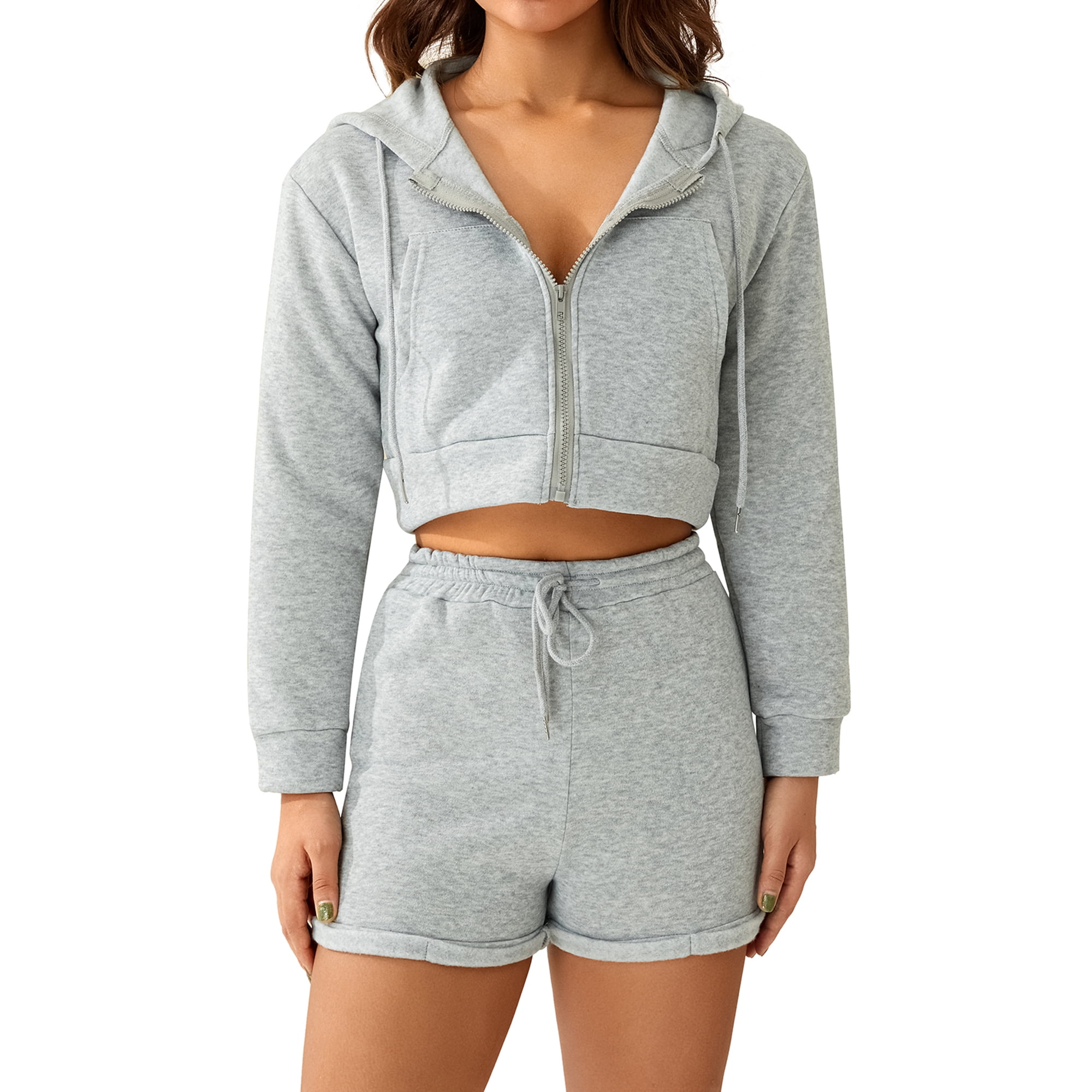 hirigin Women 2PCS Pants Suit, Plain Long Sleeve Hooded Zip-Up Crop Jacket,  High Rise Drawstrings Short Pants, Ladies Casual Wears - Walmart.com