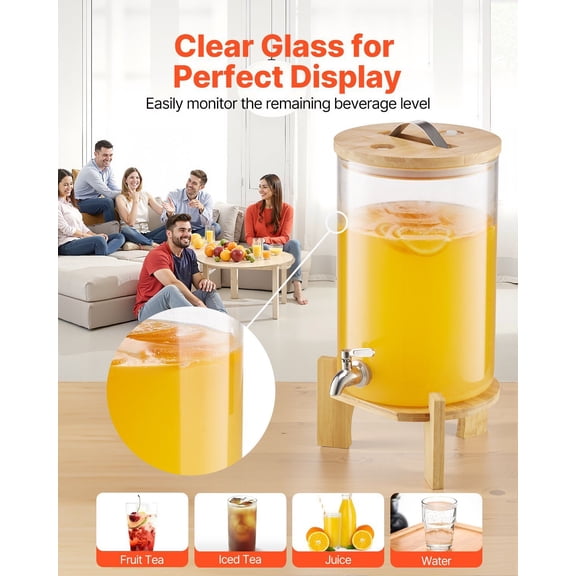 2.2 Gal Glass Beverage Dispenser with Metal Stand & Spigot - Party Drink Dispenser for Lemonade, Iced Tea, Punch