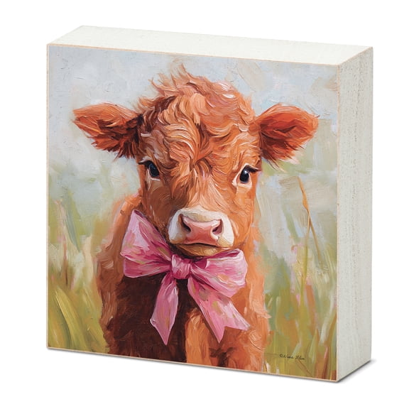 Highland Home Fuzzy Cow Freestanding Solid Wood Block Sign