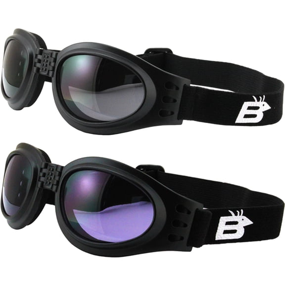 2 Pairs of Birdz Eyewear Parrot Black Folding Padded Motorcycle Goggles Smoke & Purple Lenses for Men & Women