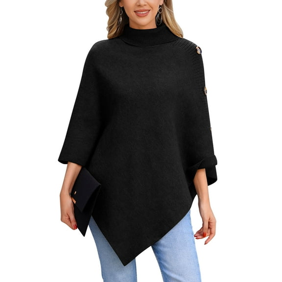 IDOPIP Black Sweater for Women Dressy Winter Turtle Neck Poncho Sweater Elegant Warm Knitted Pullover Size F 2025