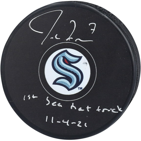 Jordan Eberle Seattle Kraken Autographed Hockey Puck with "1st Sea Hat Trick 11/4/21" Inscription - Fanatics Authentic Certified