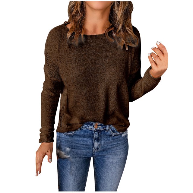 AherBiu Womens Long Sleeve Tops Winter Knitwear Pullover Tops Crewneck Sweaters Blouse Solid Color