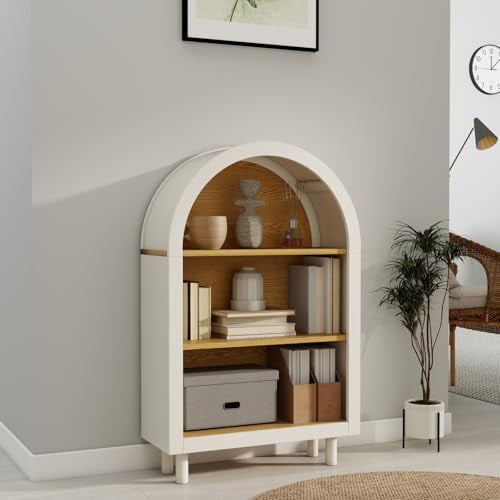 Arched Small Bookcase with 3 Shelves, Modern Wooden Storage Cabinet with Arched Top, White Finish with Woodgrain Shelves, Entryway Bookshelf for Living Room, Bedroom