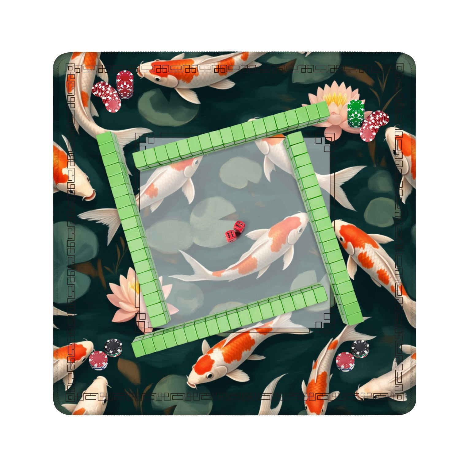 Mahjong Mat 31.5" x 31.5" Seamless fishes lotus Non-Slip Noise Reduction American Mahjong Tiles Table Cover for Dominoes Poker Card Board Games Gift