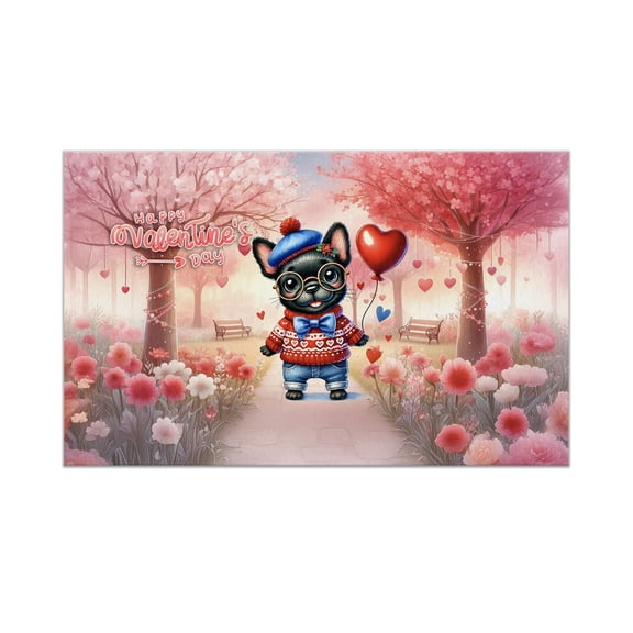 Happy Valentine’s Day Adorable French Bulldog Puppy Holding Heart Balloon Doormat Dog Lover Gifts Indoor Outdoor Welcome Mat - 00030