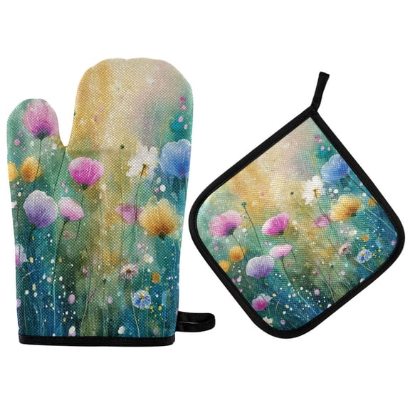 Heat-Resistant Reversible Oven Mitts and Pot Holders Set Double-Sided Insulated Gloves Kitchen Home Supplies Watercolor Wildflowers