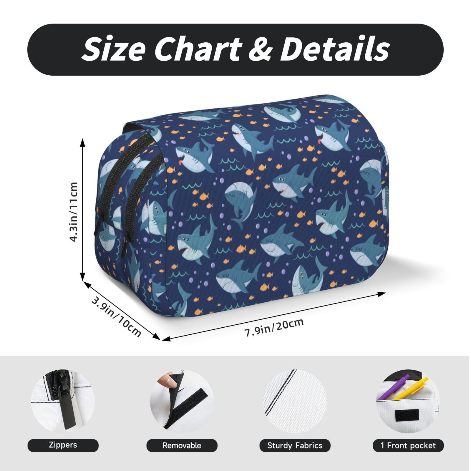 Rateoe Cartoon Sharks2 Pattern Double Clamshell Pen Case, Storage Organizer with Two Zipper Compartments– Holds Up to 50 Pencils & Pens