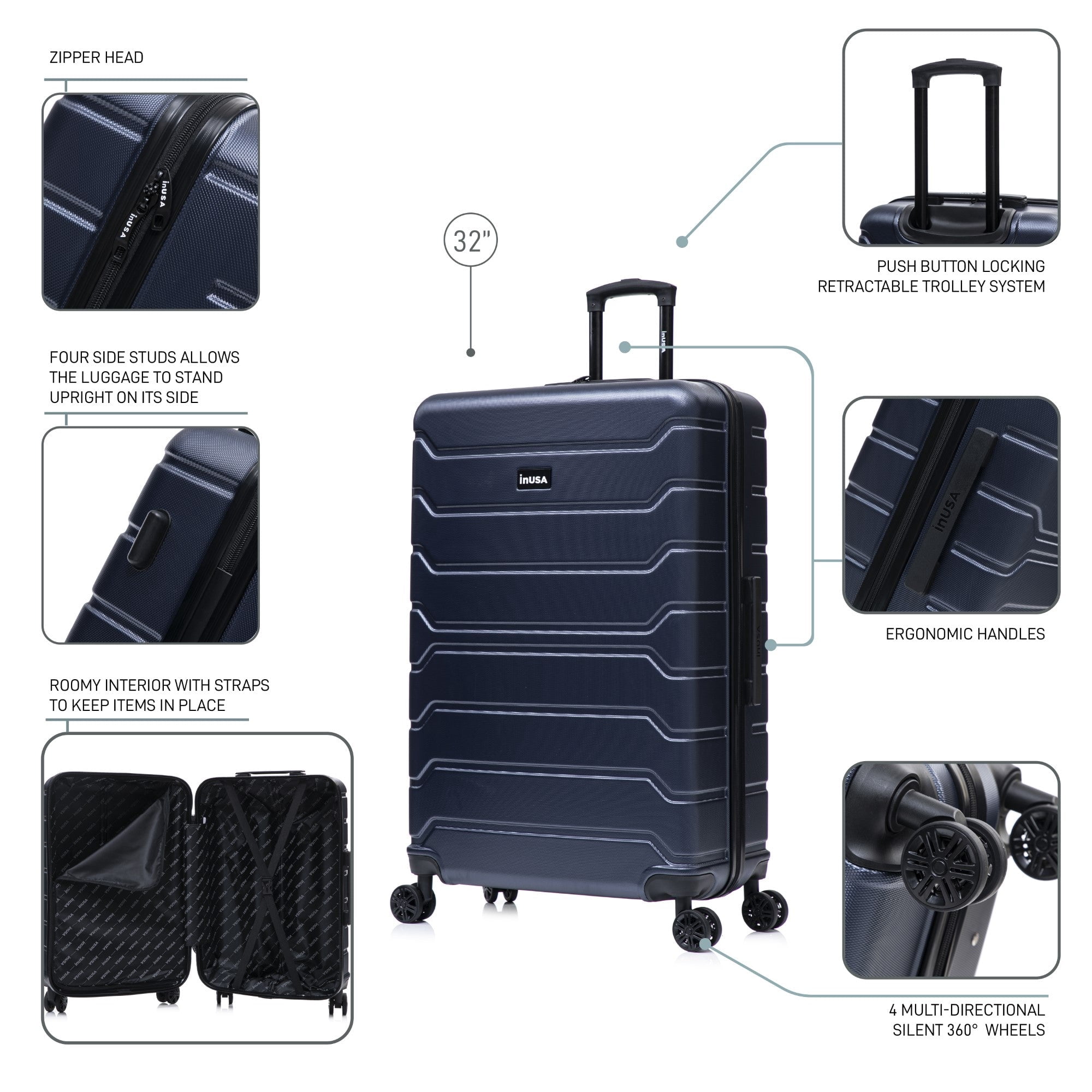 InUSA TREND 32" Extra-Large Hardside Lightweight Luggage with Spinner Wheels, Handle, Trolley, Blue