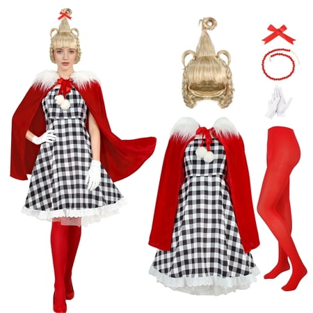 BUXULYP Cindy Lou Who Costume Adult Christmas Dress Cosplay Set with Wig Pantyhose Gloves Halloween Cosplay Costume Props