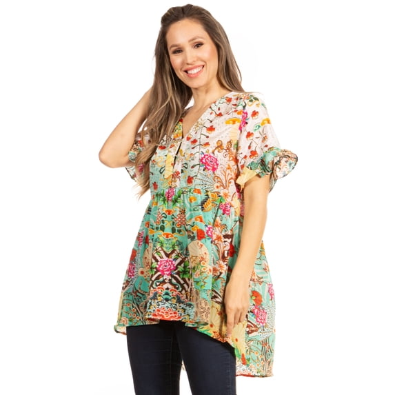 Sakkas Eli Women's Casual V neck Swing Ruffle Short Sleeve Top Blouse Tunic Floral - 586-White - S/M