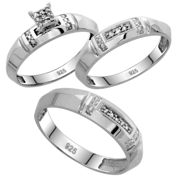 Sterling Silver Diamond Trio Wedding Ring Set His 5.5mm & Hers 4mm Rhodium finish, Ladies Size 8