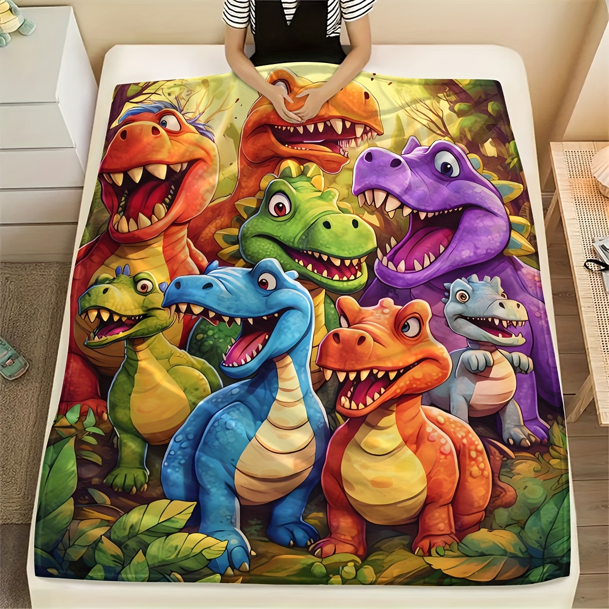 Soft & Cozy Cartoon Dinosaur Print Flannel Blanket - Vibrant, Warm, and Versatile for Office, Camping, Travel - Machine Washable, All-Season Gift, Perfect for Youngsters, Birthday, Party Favors, Surv