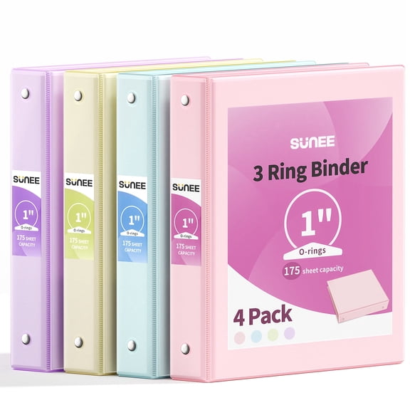 SUNEE 3 Ring Binder 1 Inch 4 Pack, Clear View 1" Binders Three Ring PVC-Free (Fit 8.5x11 Inches) for School or Office Supplies, Assorted Pastel