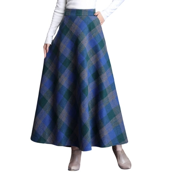 Womens Plaid Skirt Fall Long A-Line High Elastic Waisted Skirt Winter Vintage Woolen Tartan Skirts with Pockets