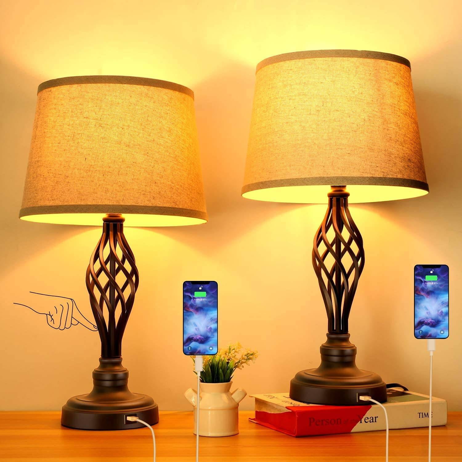 Set of 2 Touch Control Table Lamp with 2 USB Ports,Dimmable