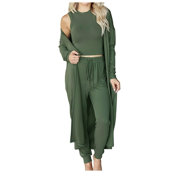 ICHUANYI Women's Fashion 3 Piece Sweatsuit Open Front Long Cardigan Tops Wide Legs Pants Lounge Sets Fall Winter Clothes