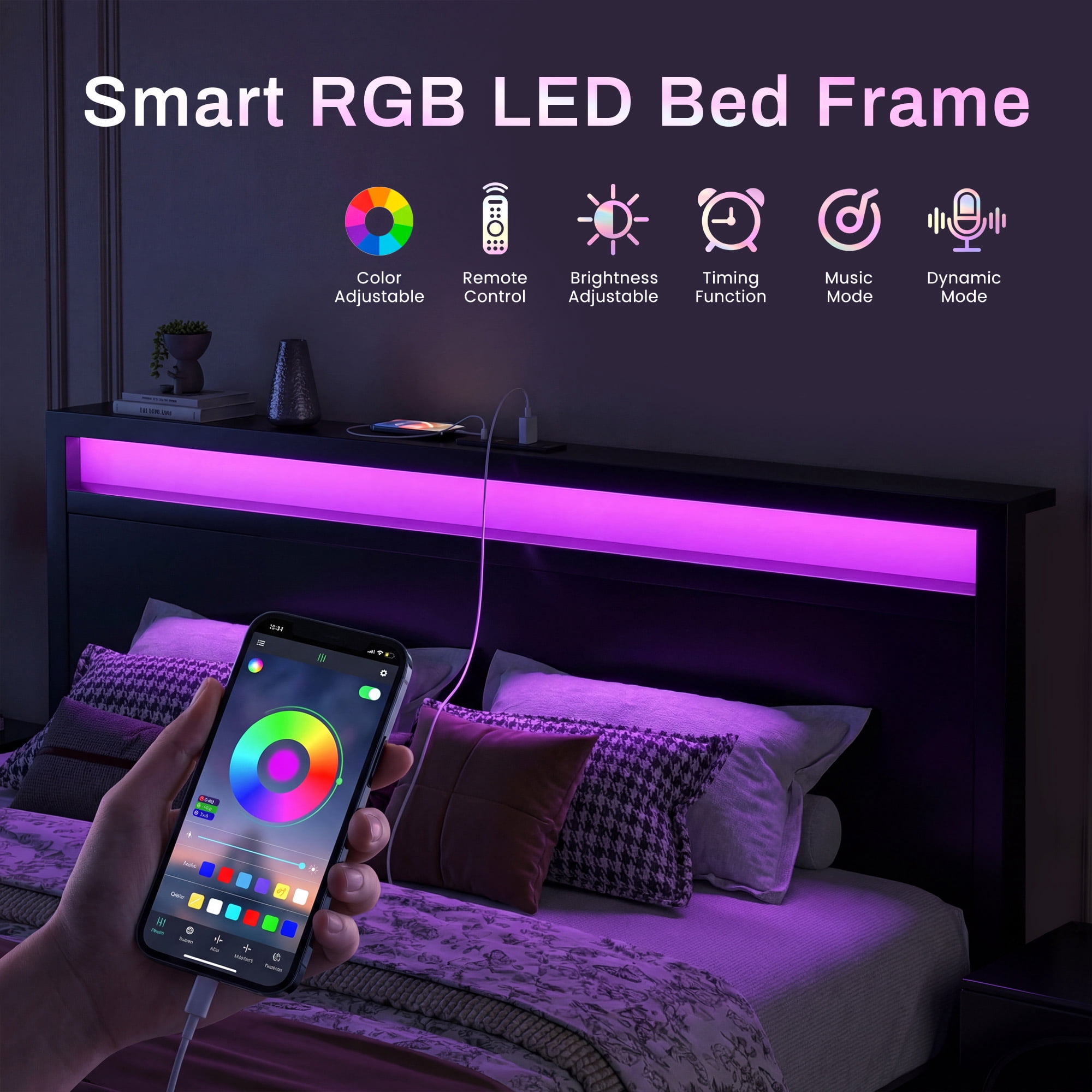 Bolvdo Queen Size Bed Frame with Headboard & Footboard, Built-in Charging Station & LED Light, Storage Shelf, Noise-Free, No Box Spring Needed, Easy Assembly, Classic Black