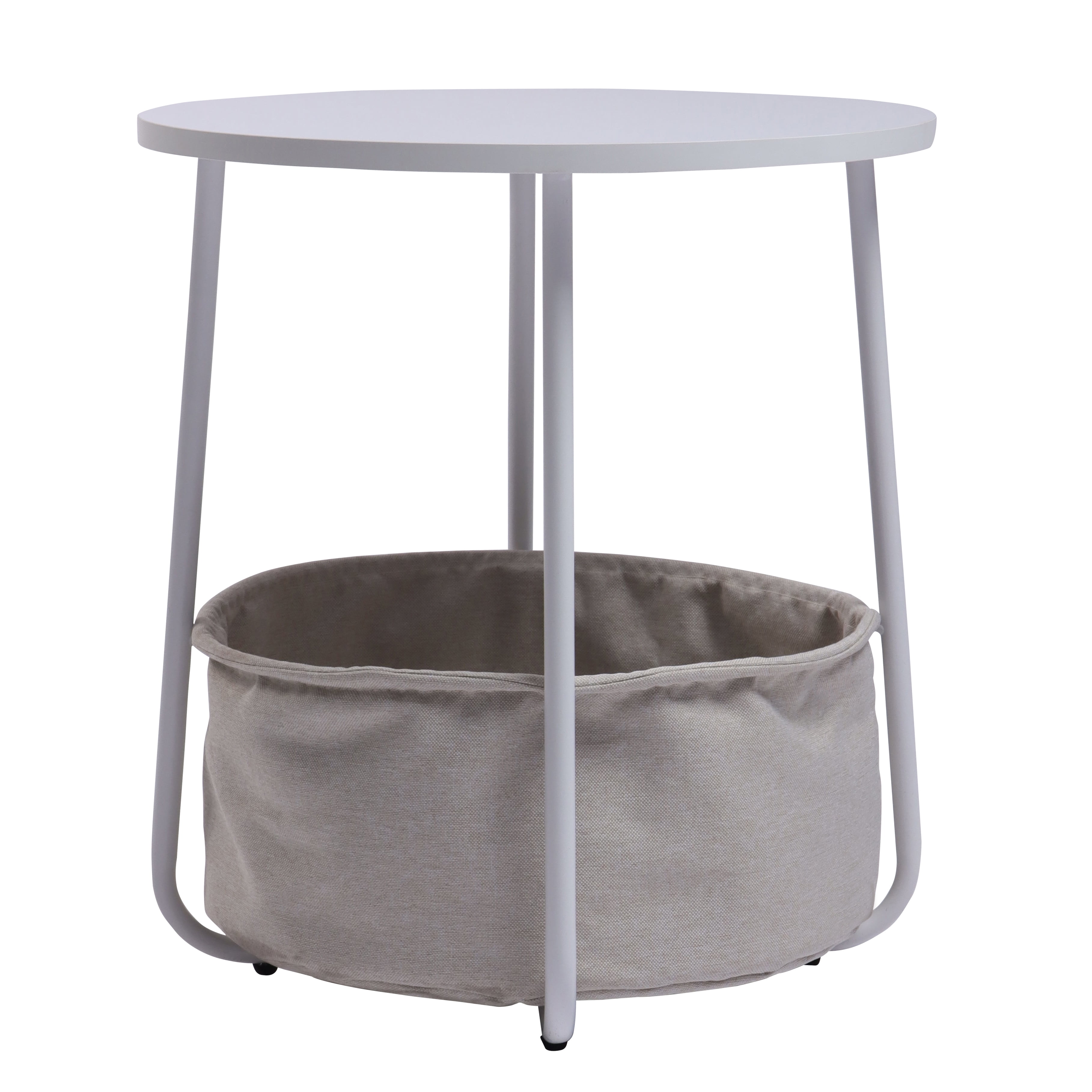Homy Casa Round End Table with Storage Basket, Accent Table for Reading Nook, White