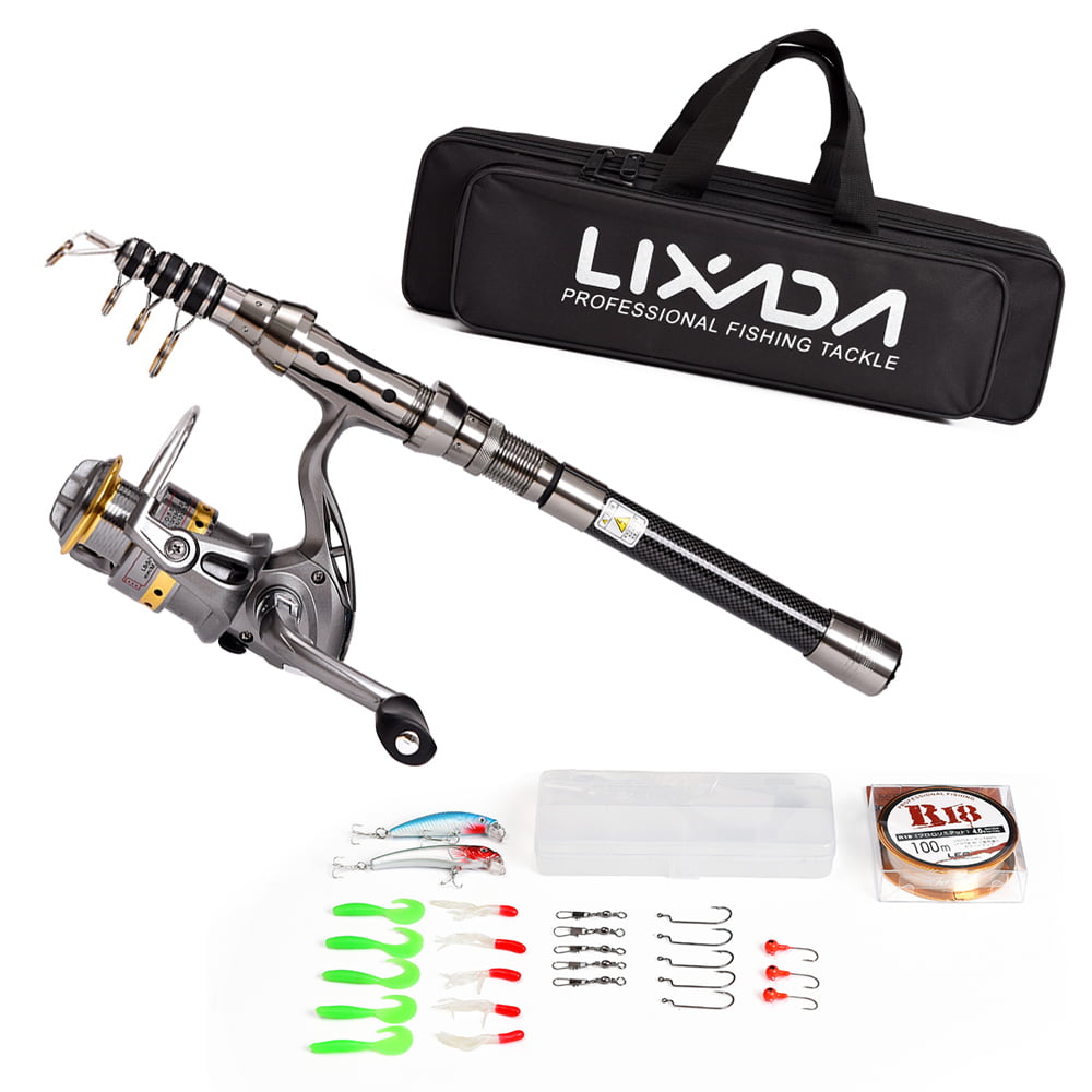 Telescopic Fishing Rod & Spinning Fishing Reel Combo w/ Tackle Carrier Bag Case 