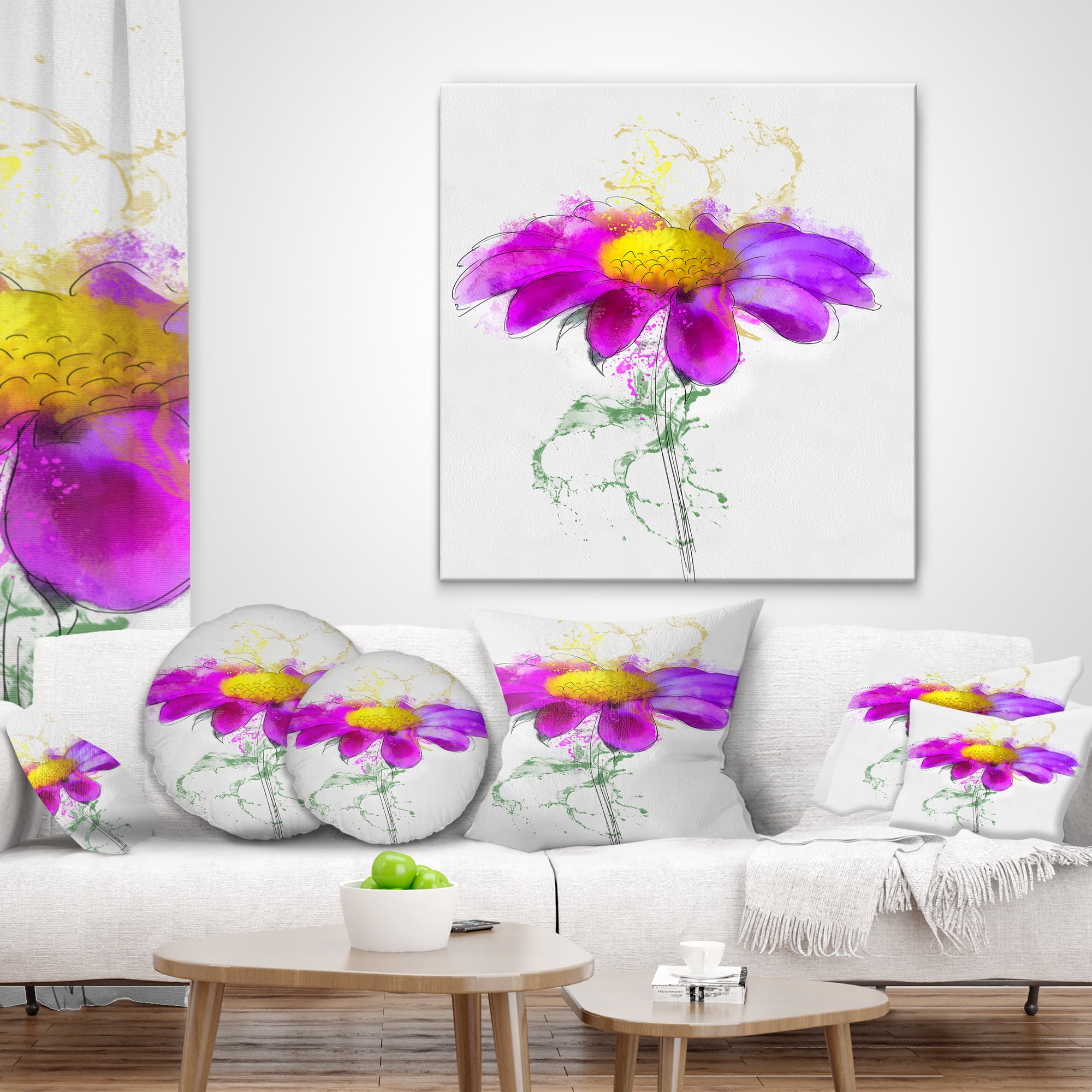 Designart Purple Daisy Flower with Stem - Flowers Throw Pillowwork - 16x16