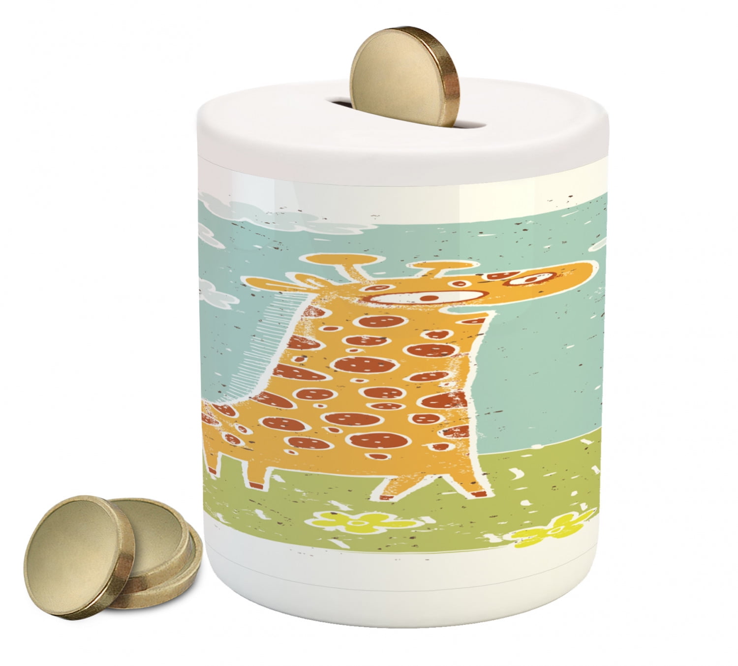 Giraffe Piggy Bank, Hand Drawn Animal Cartoon Safari Playroom Doodle