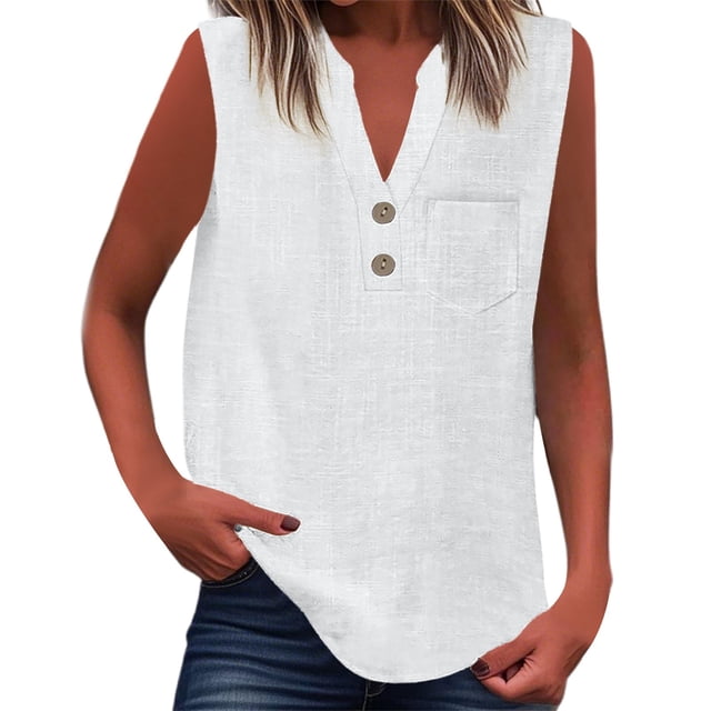 Camisa sin mangas con botones para mujer, ideal para el verano: blusa versátil de color liso, perfecta para combinar con vaqueros.