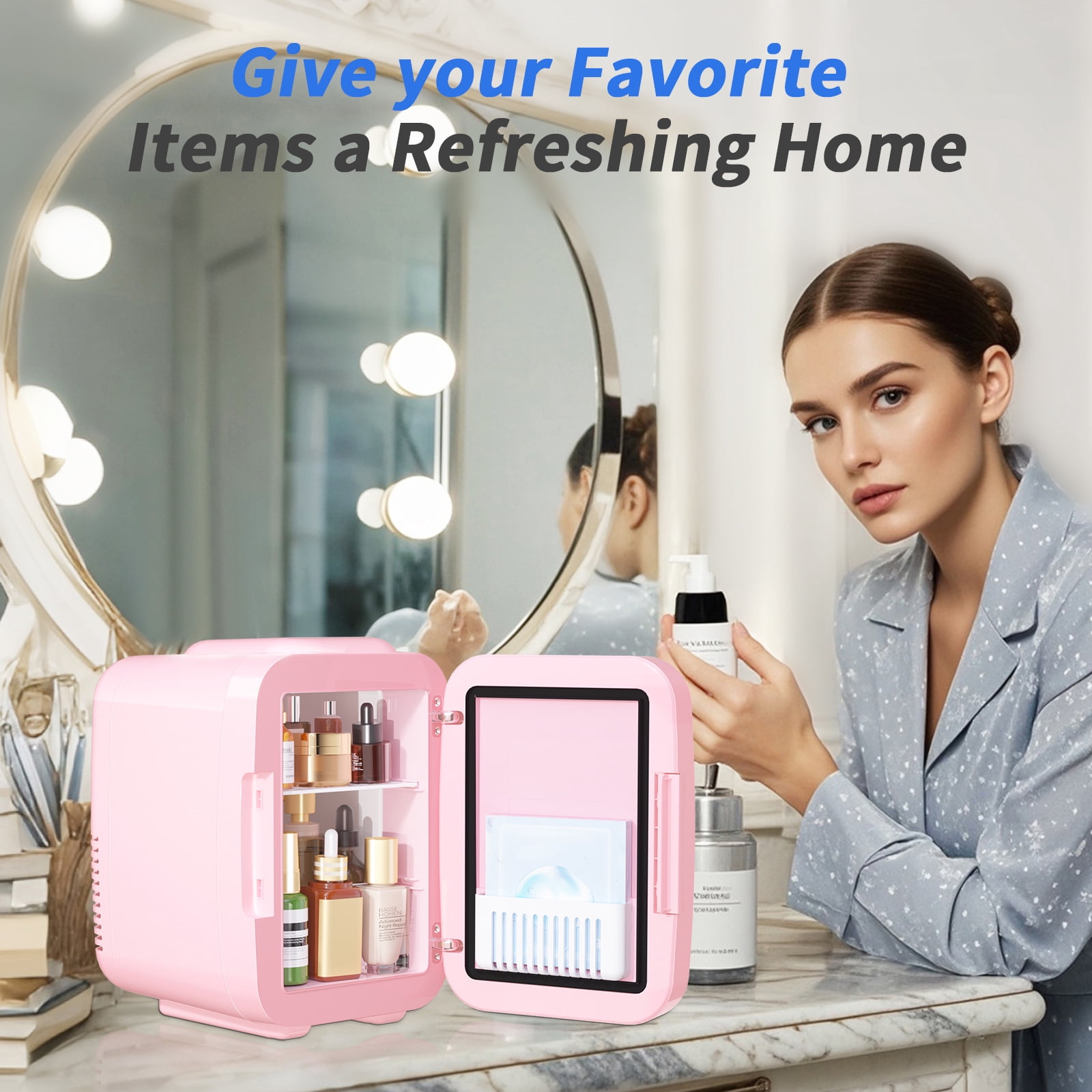 Skincare Fridge Mini Fridge for Bedroom with Dimmable LED Mirror, 4Liter/6 Cans Cooler and Warmer for Makeup, Cosmetic, Beauty, Portable Refrigerator for Bedroom, Vanity, Office and Car- Pink