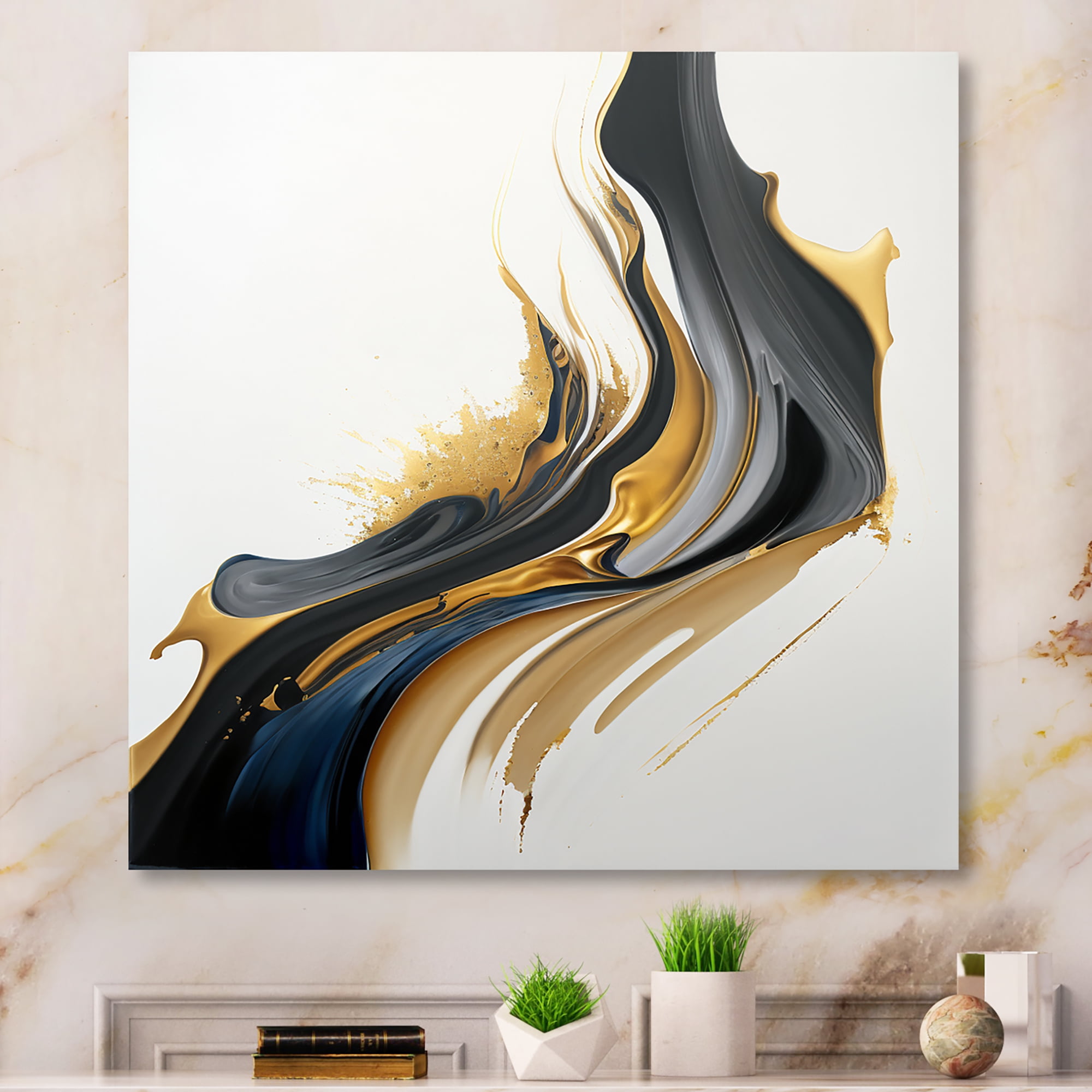 Designart Black, White And Gold Liquid Art II Canvas Wall Art