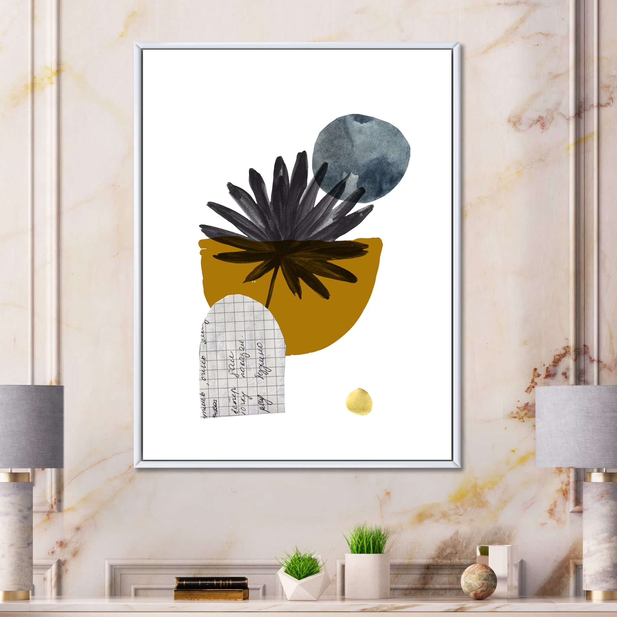 Designart 'Abstract Geometry Shapes and Tropical Palm Leaf I' Modern Framed Canvas Wall Art Print