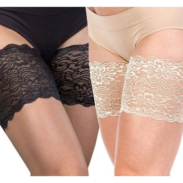 Bandas Elásticas Antirozaduras para Muslos Plantilla de Encaje Antideslizante de Silicona 2 Pares (D, Negro y Color Piel)