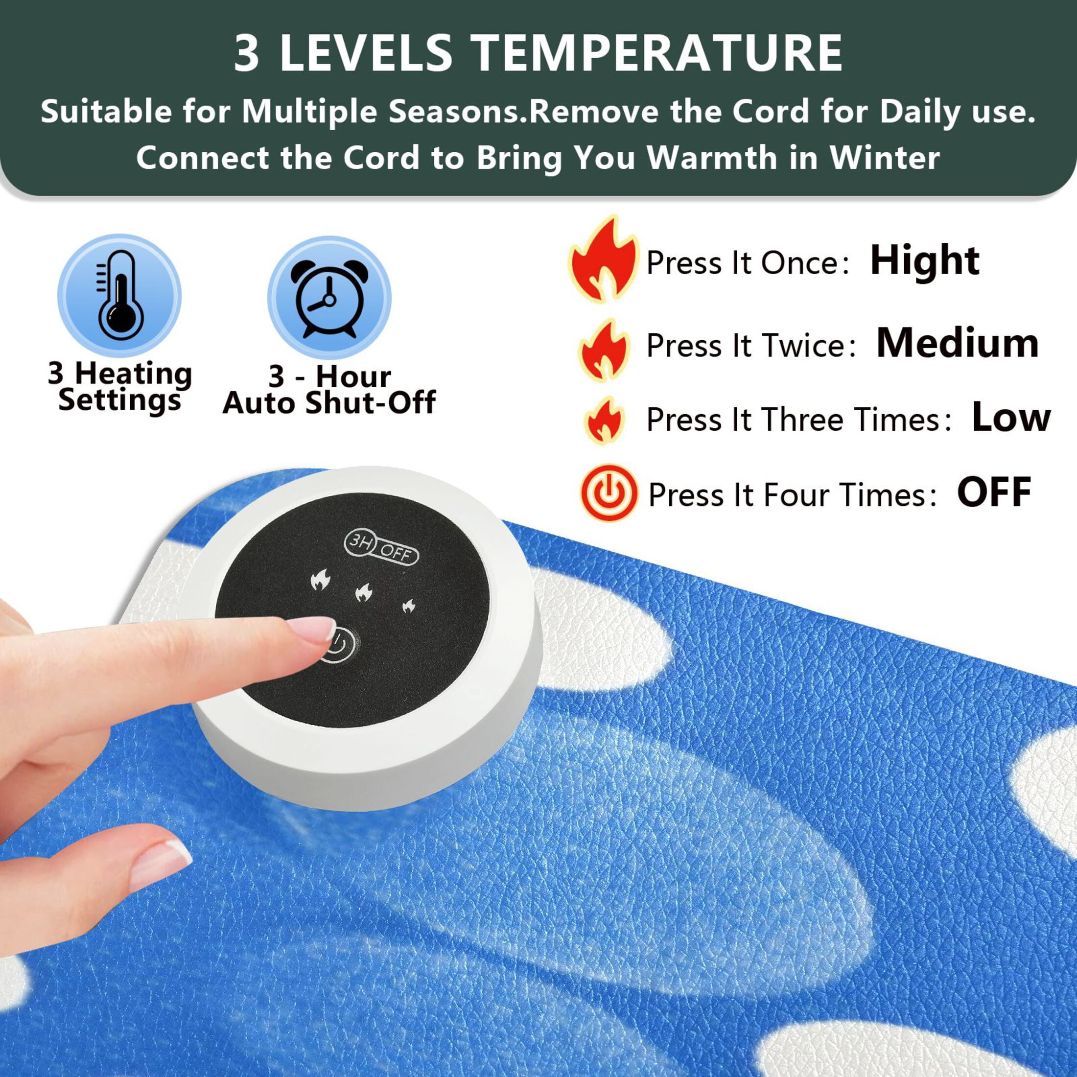 Large Heated Desk Mat Mouse Pad 31.5"x13"PU Leather Graphene Heating Desk Warmer with 3 Temperature Settings 110V US Plug Non-Slip Warm Pad for Home, Office, and Gaming Blue White Polka Dot