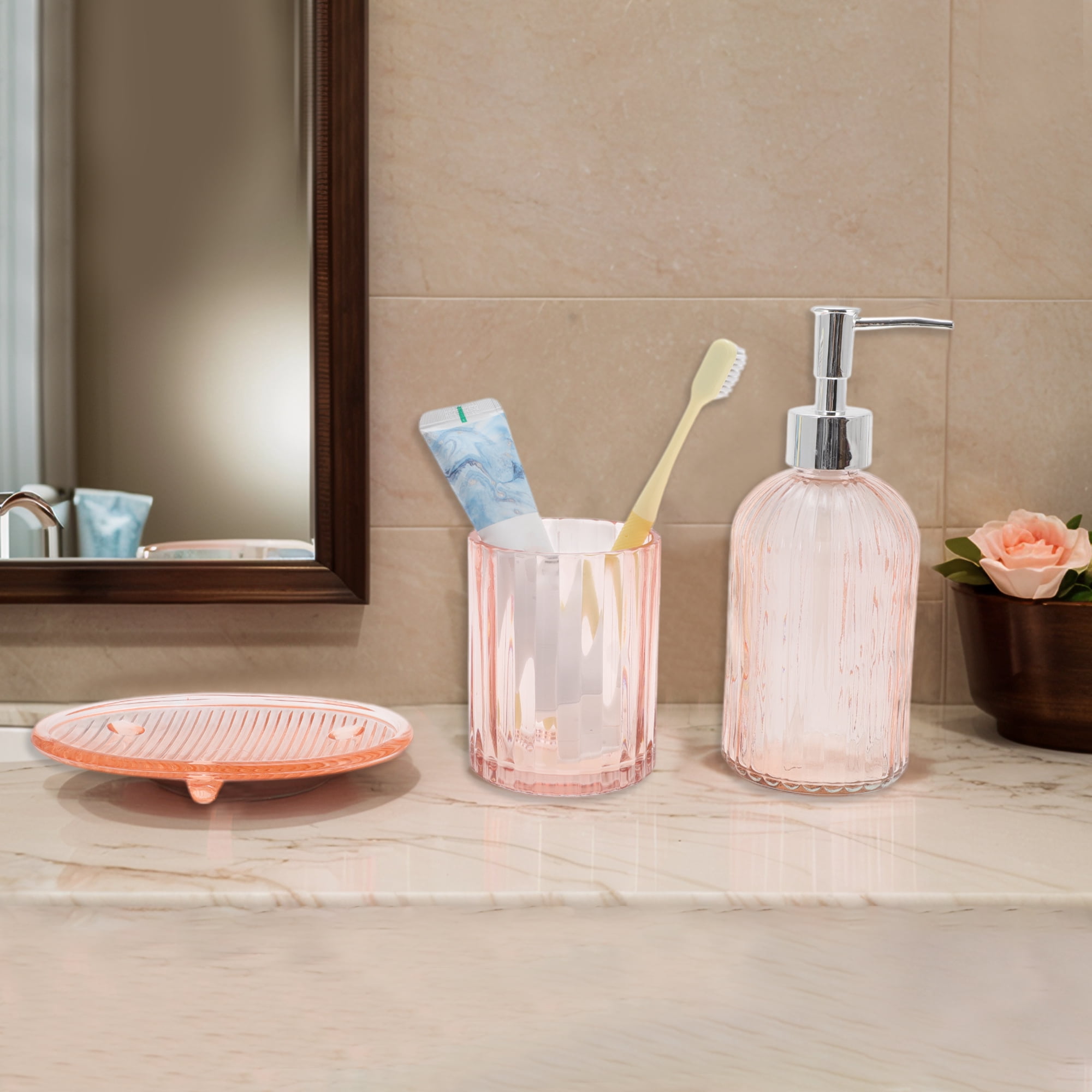 Unique Bargains Bathroom Accessories Kit 3Pcs Pink
