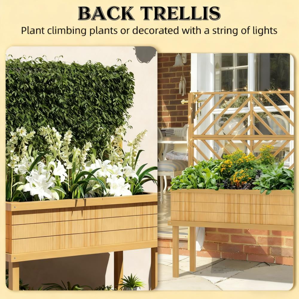 Self-Draining Raised Garden Bed, Elevated Wood Planter with Trellis for Climbing Plants, with Legs and Drainage Holes