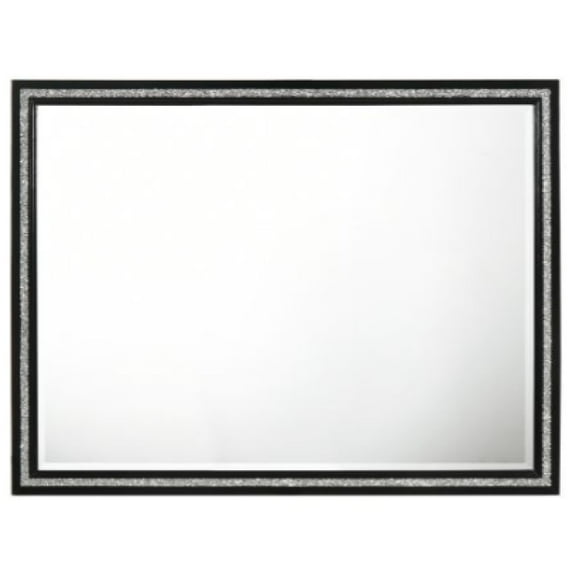 46 Inch Solid Wood Mirror, Shimmering Silver Accent, Landscape, Black