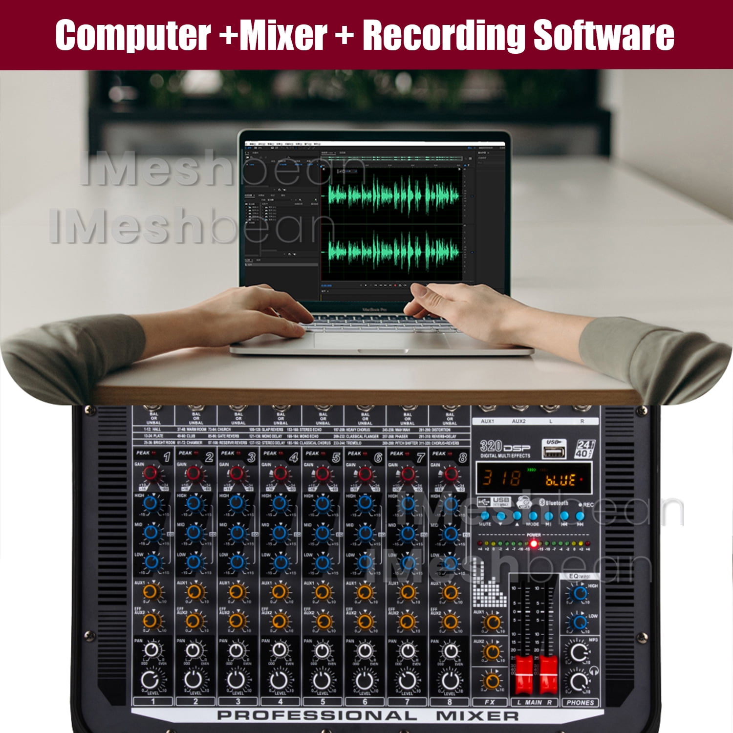 iMeshbean Professional 8 Channel Mixer With Power Amplifier with USB Drive for PC Recording 48V Phantom Power Stereo DJ Studio Streaming 110-220V