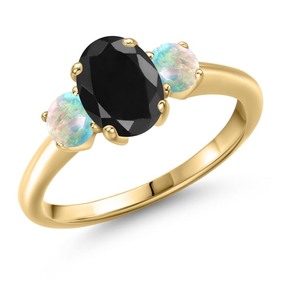 Gem Stone King 10K Yellow Gold Black Sapphire and Simulated White Opal Engagement Ring for Women | 2.16 Cttw | Oval 8X6MM | Gemstone September Birthstone | Size 9