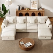 BedLuxury 140 Extra Large Modular Sectional Cloud Sofa with 2 Removable Storage Ottoman, Extra Deep Seat Couch, Living Room Furniture, Chenille Beige