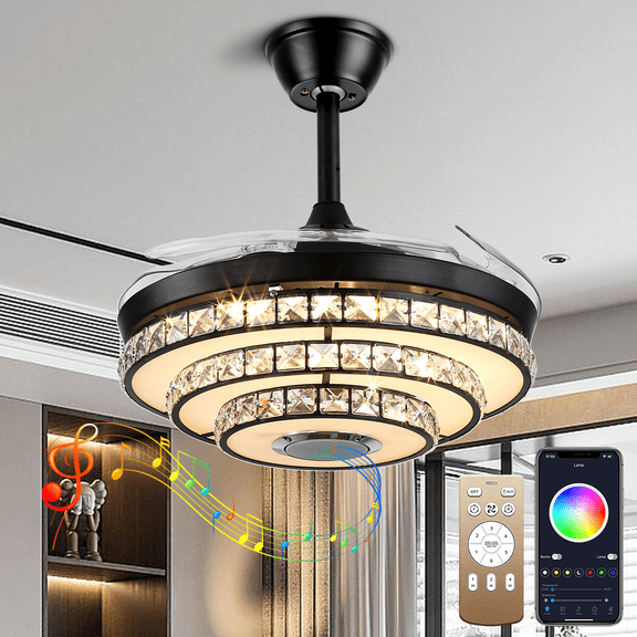 KPIBEST 42" Dimmable LED Modern Black Crystal Indoor Ceiling Fan with Remote and Bluetooth Control