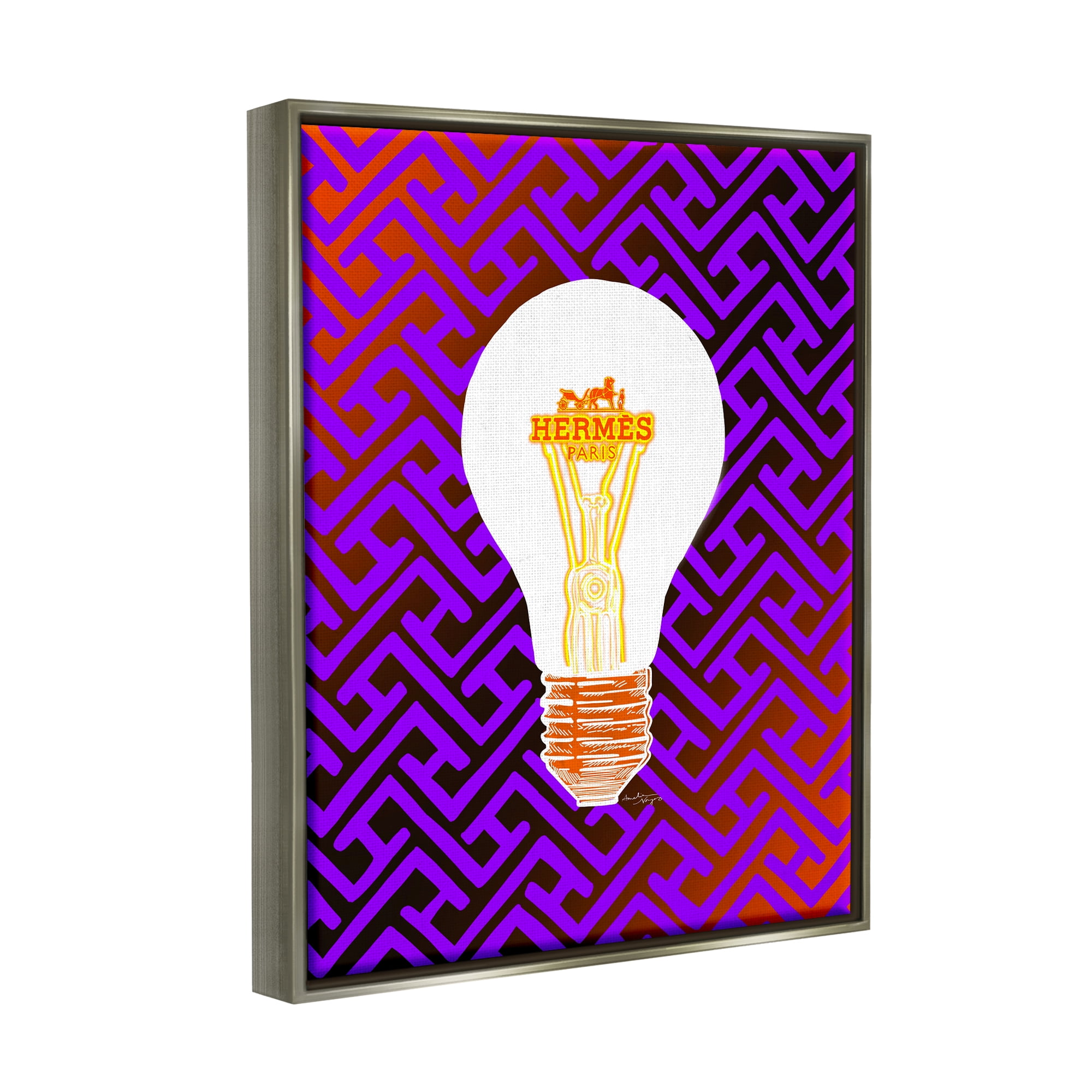 Stupell Industries Patterned Glam Lightbulb Beauty & Fashion Painting Gray Floater Framed Canvas Art Print Wall Art, 25 x 31