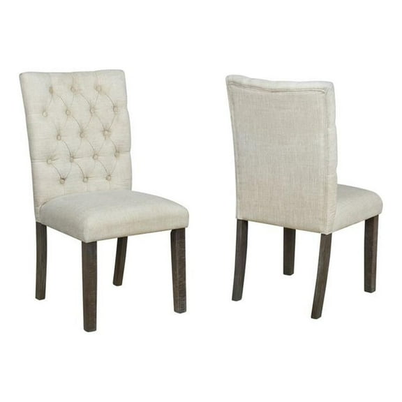 Rustic Dark Oak Dining Chairs Upholstered with Beige Linen Fabric (Set of 2)