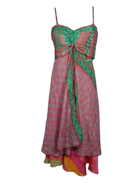 Mogul Women Vintage Recycled Silk Sari Dress Spaghetti Strap Boho Chic Sundress S/M