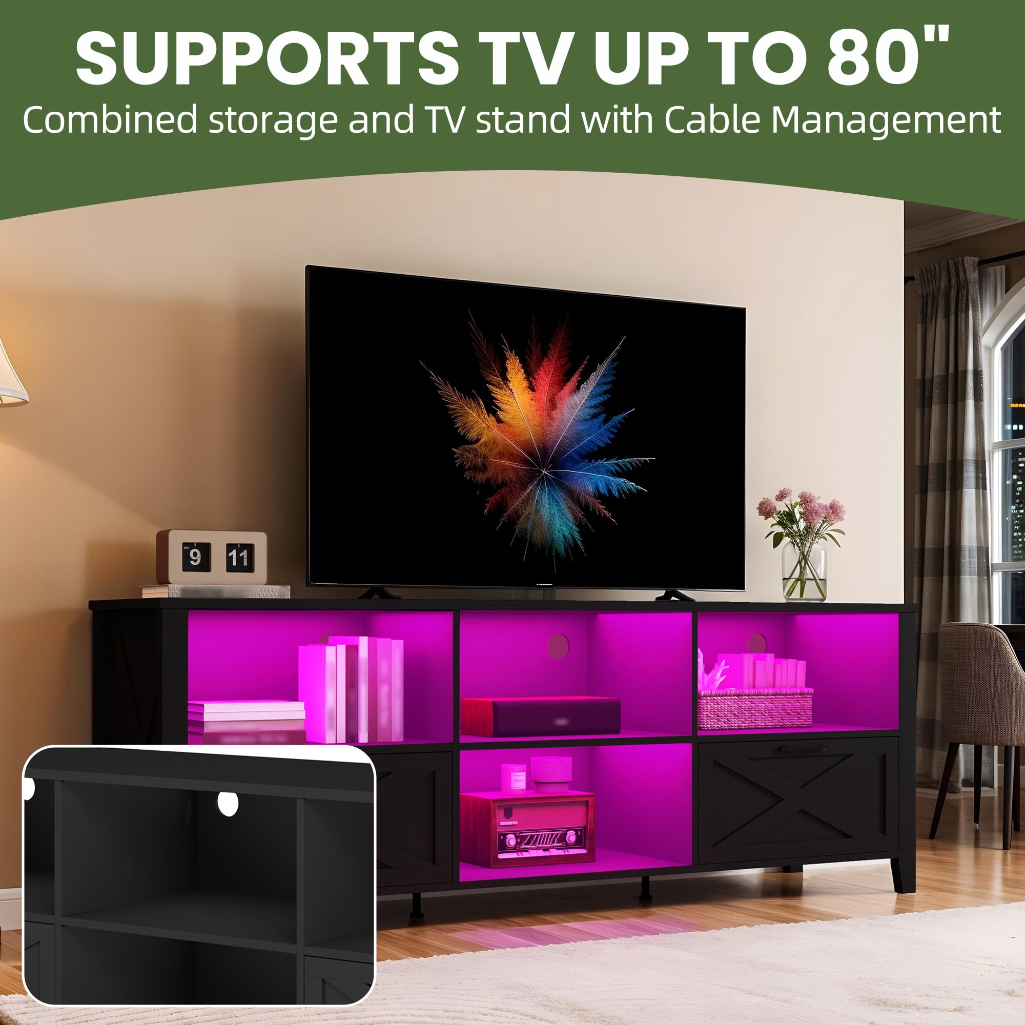 Uforic Modern TV Cabinet with Vibrant LED Lights, 70" Entertainment Center, Fits TVs up to 80", Black