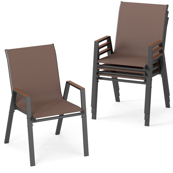 Gymax Stackable Patio Chairs Set of 4 w/High Backs Wood-Plastic Armrests for Backyard Brown