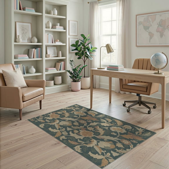 ODIKA 4'x6' Teal Floral Plume Charcoal Tufted Washable Area Rug Intricate Botanical Motif With Vintage And Artistic Flair for Dorm Room, Small Living Stain Resistant Low Profile, Easy Care