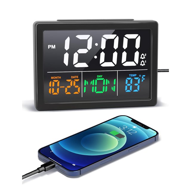 Reloj despertador digital JALL con pantalla LED de hora de 5.5 pulgadas, negro