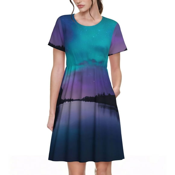 Vsdgher Night At Lake Aurora for Womens Summer 2025 Casual Midi Maxi Dresses Lightweight Short Sleeve Round Neck Beach Dress