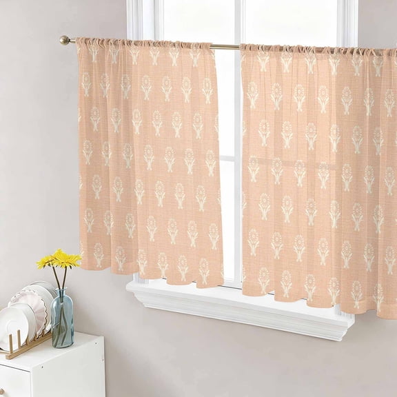 Abstract Bohemia Sheer Curtains 54 Inch Length 2 Panels Set, Modern Boho Floral Orange Voile Window Treatment Rod Pocket Short Kitchen Curtains Drapes for Bedroom 52"x54"x2