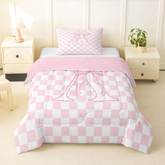 Manfei Lovely Bownot Print Twin Comforter Sets,Letter A Bedding Set,Pink,Pink Reversible,2 Pieces,1 Comforter and 1 Pillowcase