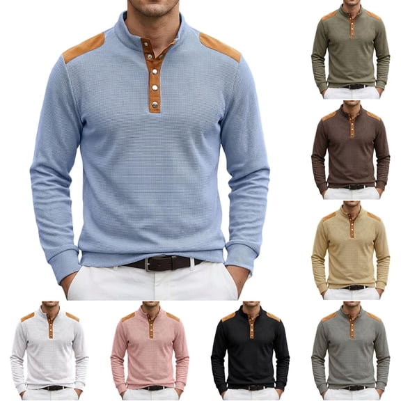 Men’s Mockneck Waffle Henley Shirts, Long Sleeve Snap Button Tops Casual Basic T-Shirts Lightweight Knit Pullover Size 3XL White